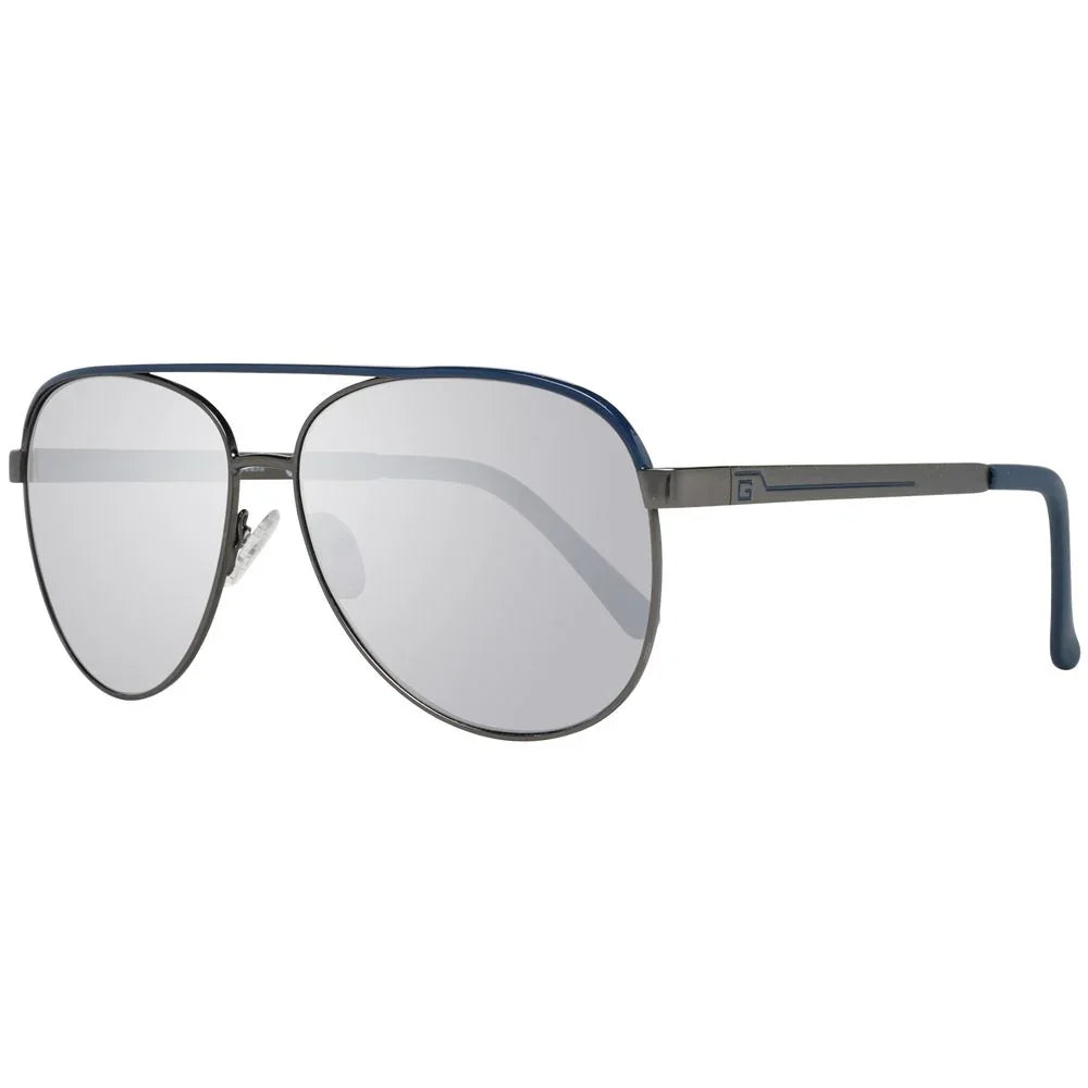 Aviator sunglasses with silver mirrored lenses and blue metal frame on white background