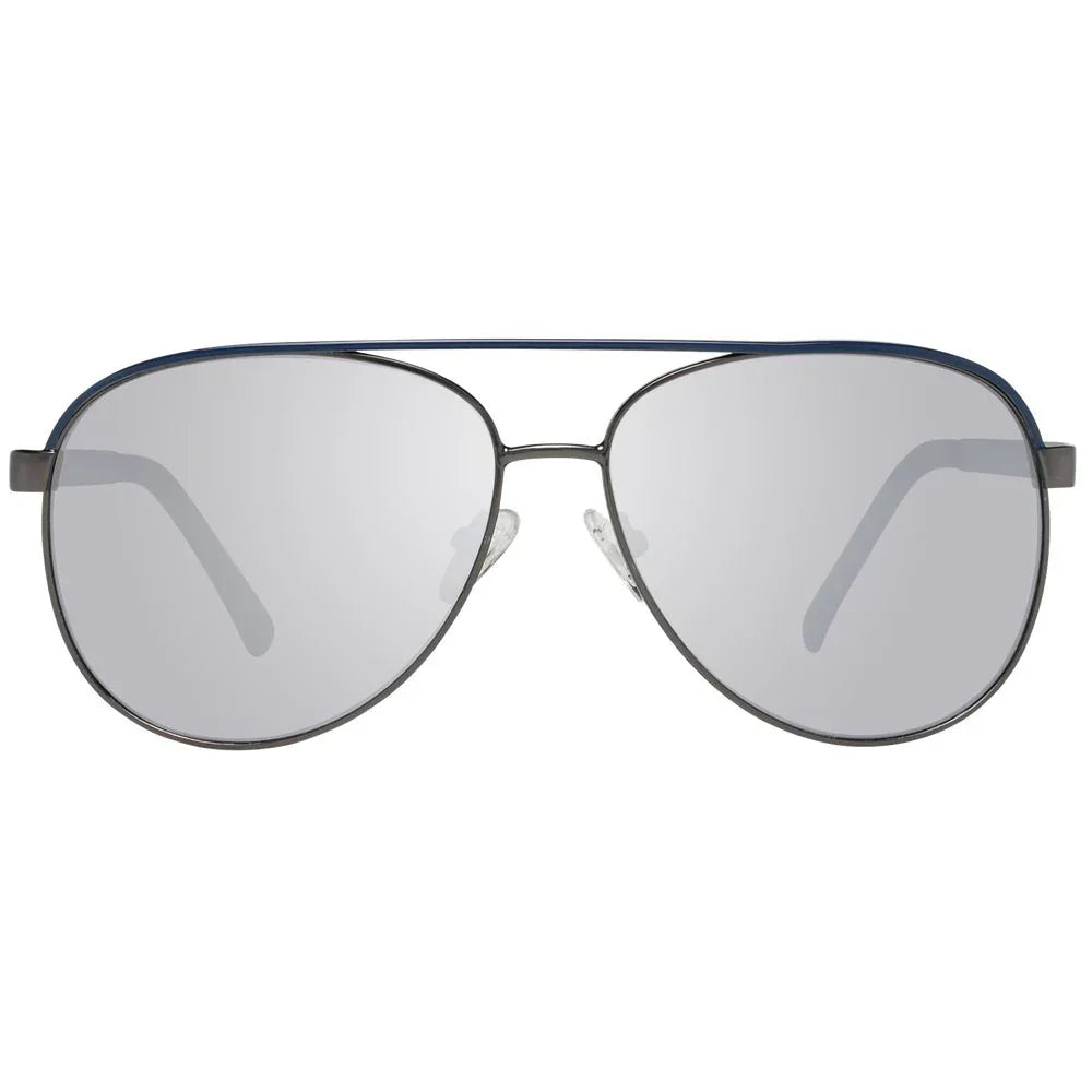 Silver aviator sunglasses with reflective lenses and thin metal frame