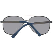 Back view of aviator sunglasses with black frame, gray lenses, and blue temple arms