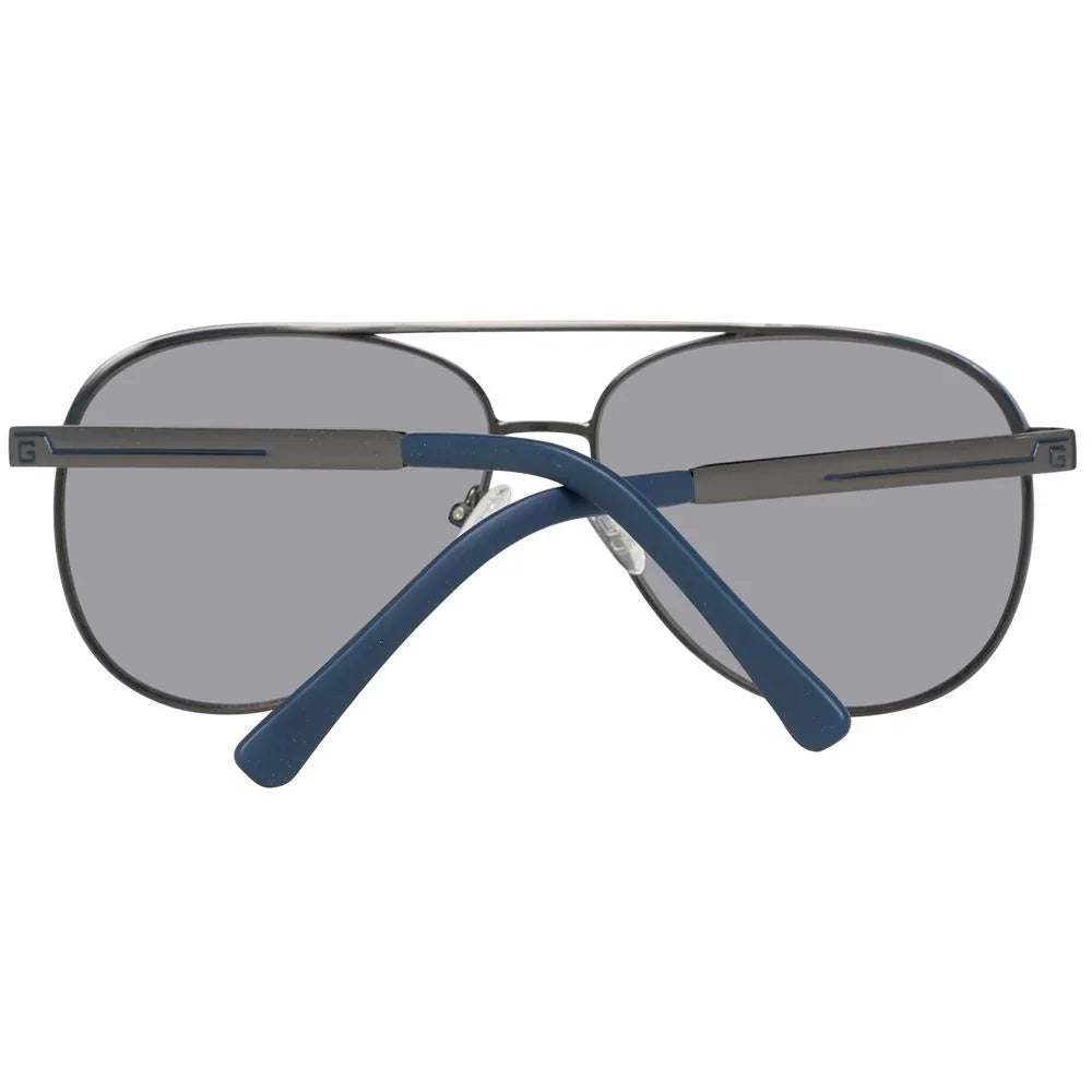 Back view of aviator sunglasses with black frame, gray lenses, and blue temple arms