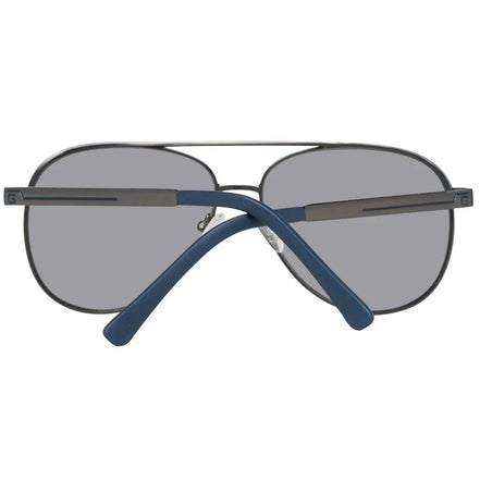 Back view of aviator sunglasses with black frame, gray lenses, and blue temple arms