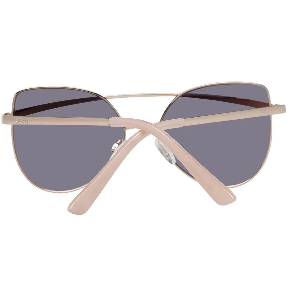 Pink metal cat-eye sunglasses with dark lenses, shown from the back on white background