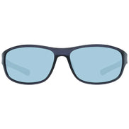 Black rectangular sunglasses with light blue lenses, front view, on white background