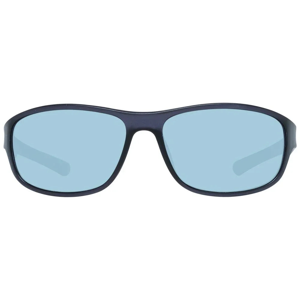 Black rectangular sunglasses with light blue lenses, front view, on white background