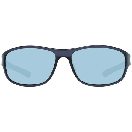 Black rectangular sunglasses with light blue lenses, front view, on white background