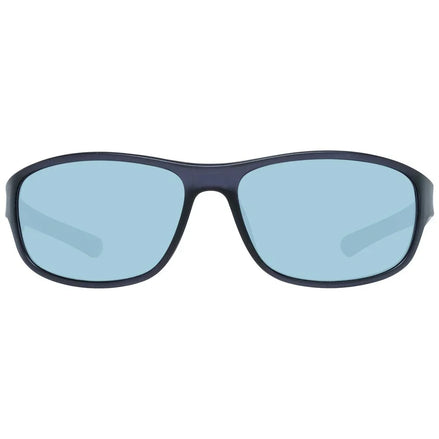 Black rectangular sunglasses with light blue lenses, front view, on white background
