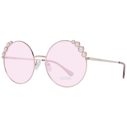 Round pink sunglasses with pearl accents and thin gold frame, fashion eyewear