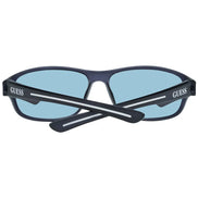 Blue lens GUESS sunglasses with black frames, brand logo on temples, fashion eyewear