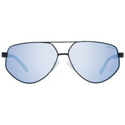 Aviator sunglasses with light blue mirrored lenses and thin black metal frame.