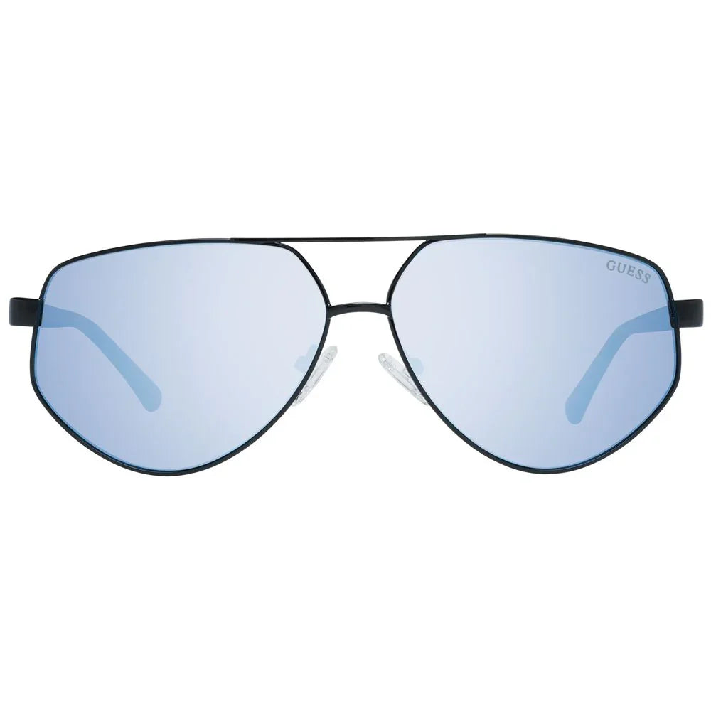 Aviator sunglasses with light blue mirrored lenses and thin black metal frame.