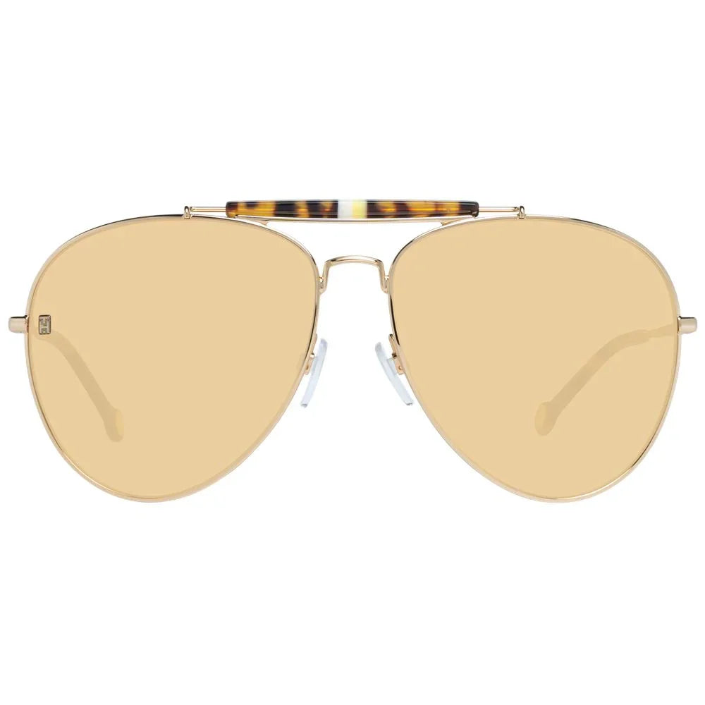 Gold aviator sunglasses with yellow tinted lenses and tortoiseshell brow bar