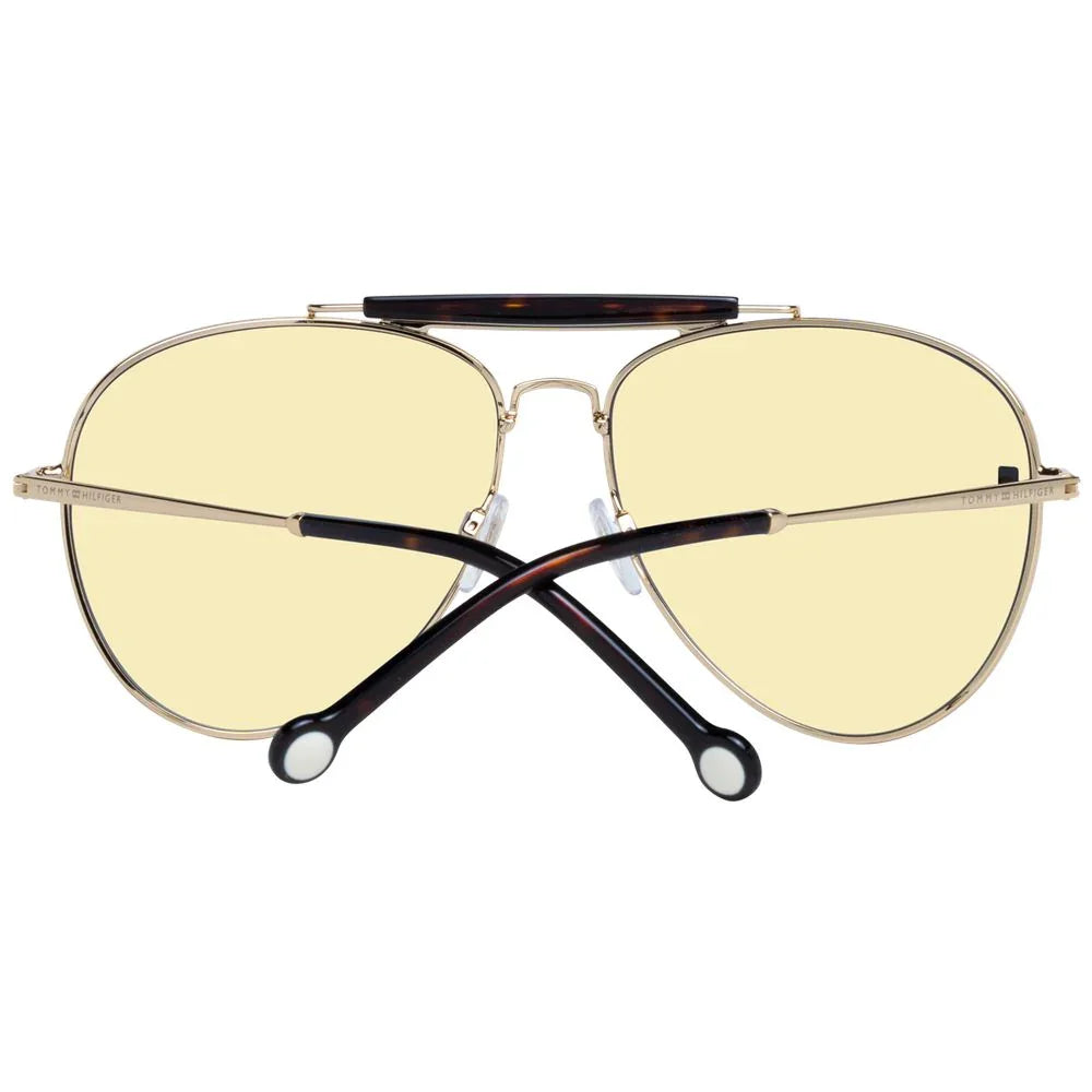 Gold aviator sunglasses with yellow tinted lenses and tortoise accents
