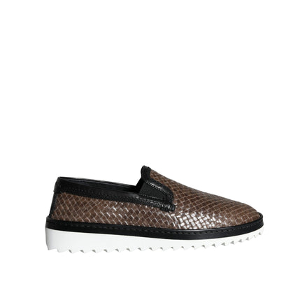Dolce & Gabbana Brown Black Leather Weaved Men's Loafers