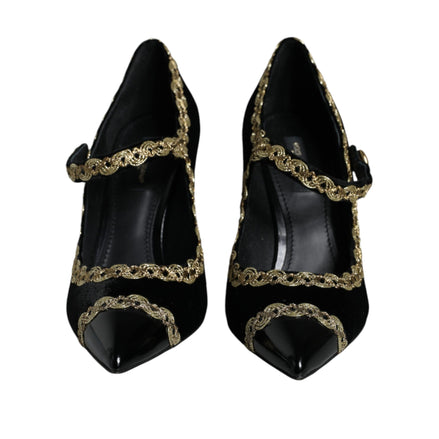 Dolce & Gabbana Black Velvet Gold Mary Jane Pumps