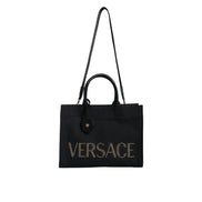 Borsa Tote Tracolla Versace Nera con Manico Superiore in Tela e Pelle con Logo