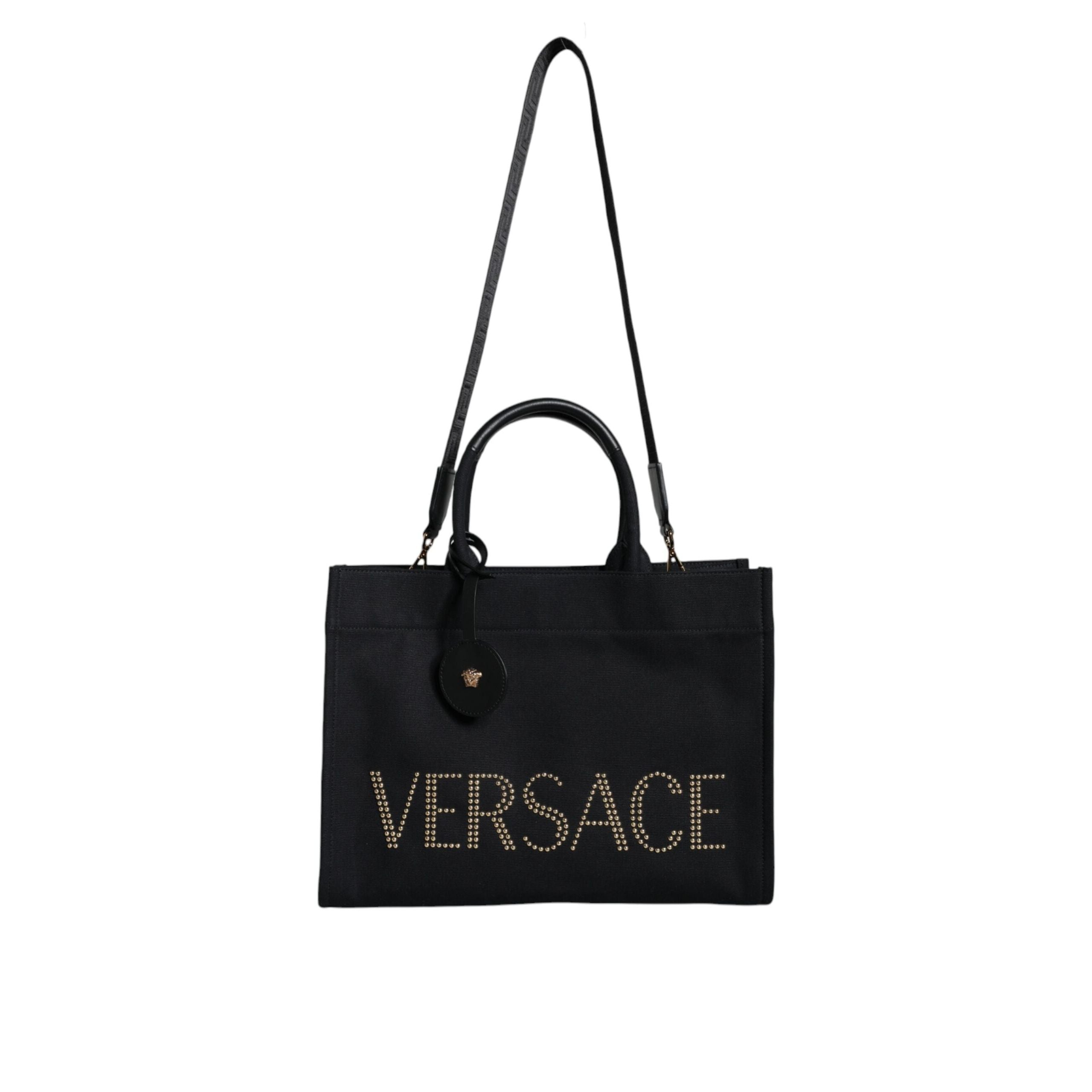 Borsa Tote Tracolla Versace Nera con Manico Superiore in Tela e Pelle con Logo