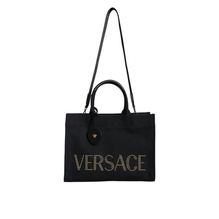 Borsa Tote Tracolla Versace Nera con Manico Superiore in Tela e Pelle con Logo