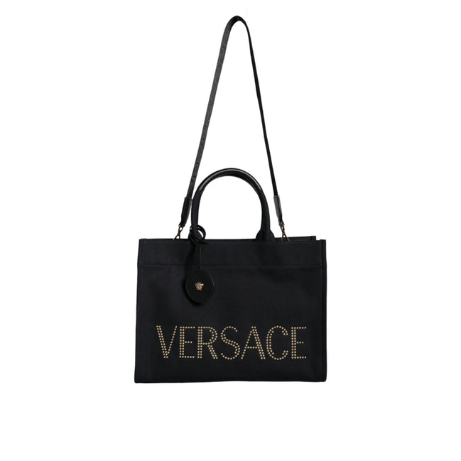 Borsa Tote Tracolla Versace Nera con Manico Superiore in Tela e Pelle con Logo