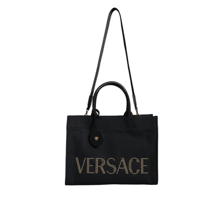 Versace Black Top Handle Canvas Leather Logo Crossbody Tote Bag