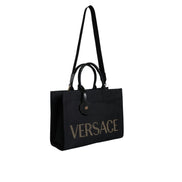 Borsa Tote Tracolla Versace Nera con Manico Superiore in Tela e Pelle con Logo
