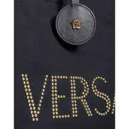 Borsa Tote Tracolla Versace Nera con Manico Superiore in Tela e Pelle con Logo