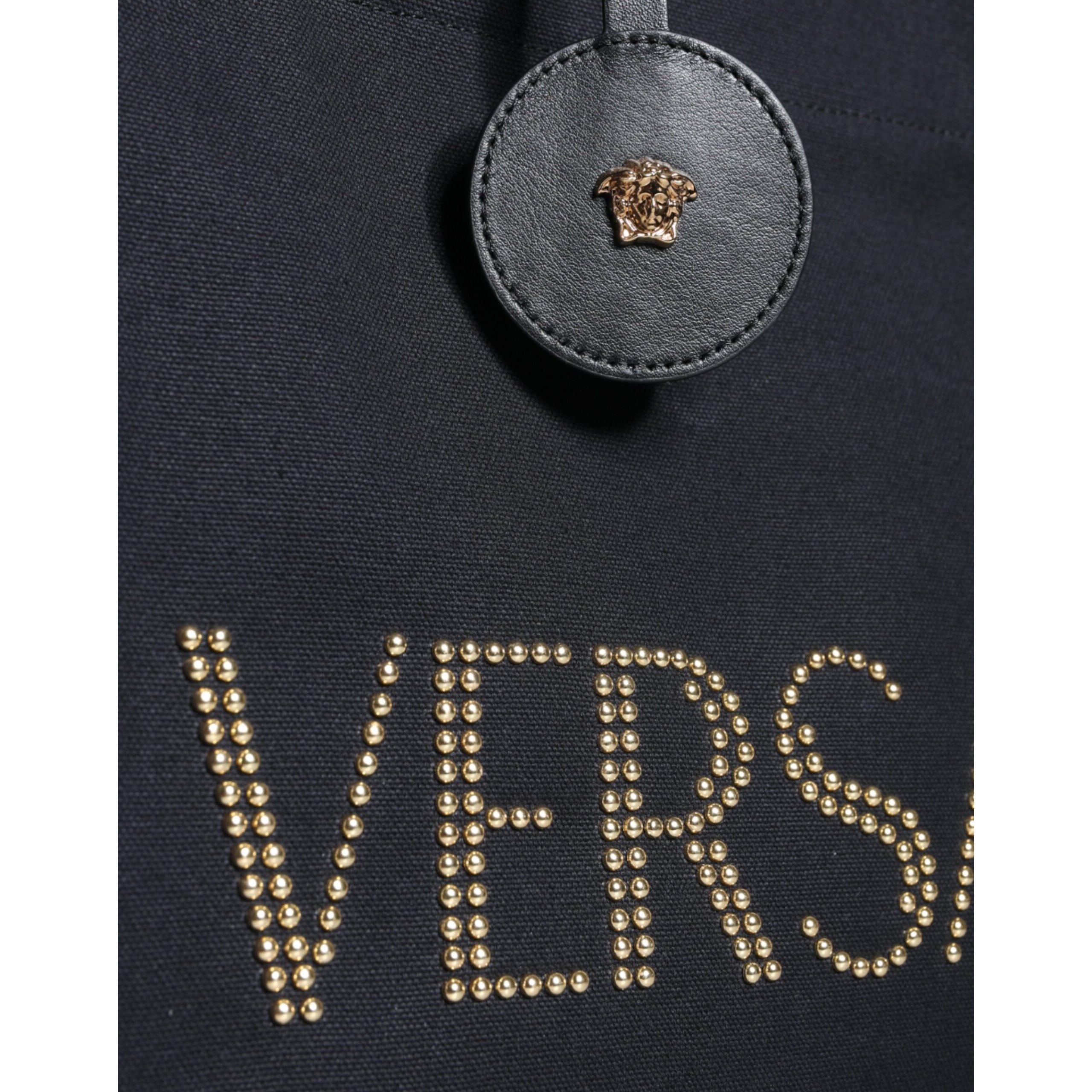 Borsa Tote Tracolla Versace Nera con Manico Superiore in Tela e Pelle con Logo