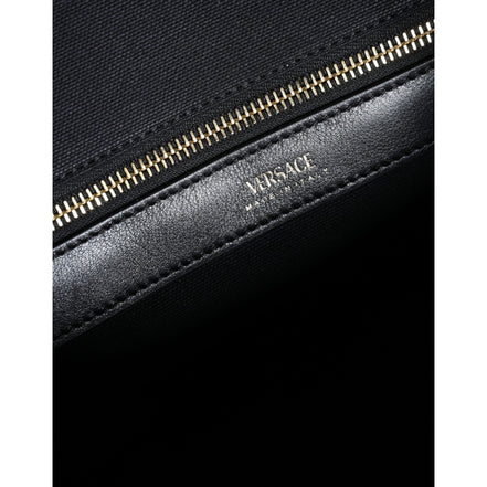 Borsa Tote Tracolla Versace Nera con Manico Superiore in Tela e Pelle con Logo