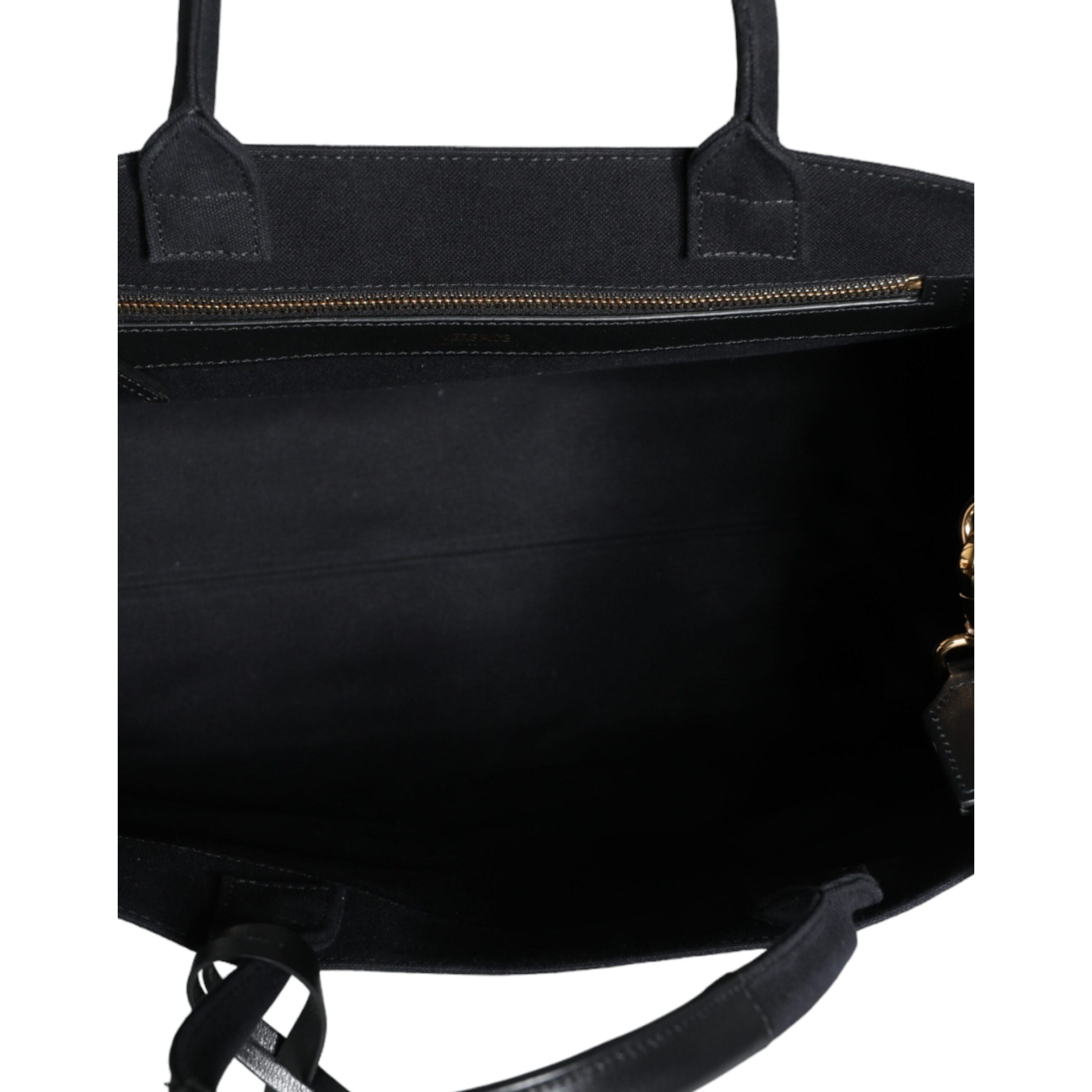 Borsa Tote Tracolla Versace Nera con Manico Superiore in Tela e Pelle con Logo