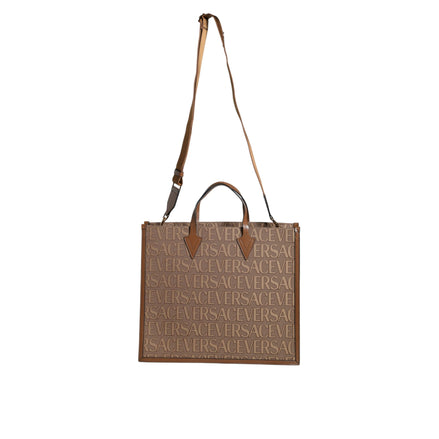 Sac cabas bandoulière Versace marron en jacquard et cuir avec logo