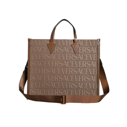 Sac cabas bandoulière Versace marron en jacquard et cuir avec logo