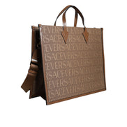 Borsa Tote Versace Marrone a Tracolla con Manico Superiore e Logo Jacquard in Pelle