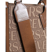 Borsa Tote Versace Marrone a Tracolla con Manico Superiore e Logo Jacquard in Pelle