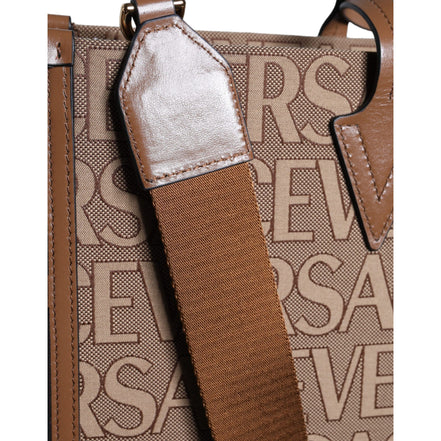 Borsa Tote Versace Marrone a Tracolla con Manico Superiore e Logo Jacquard in Pelle