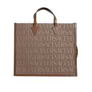 Borsa Tote Versace Marrone a Tracolla con Manico Superiore e Logo Jacquard in Pelle