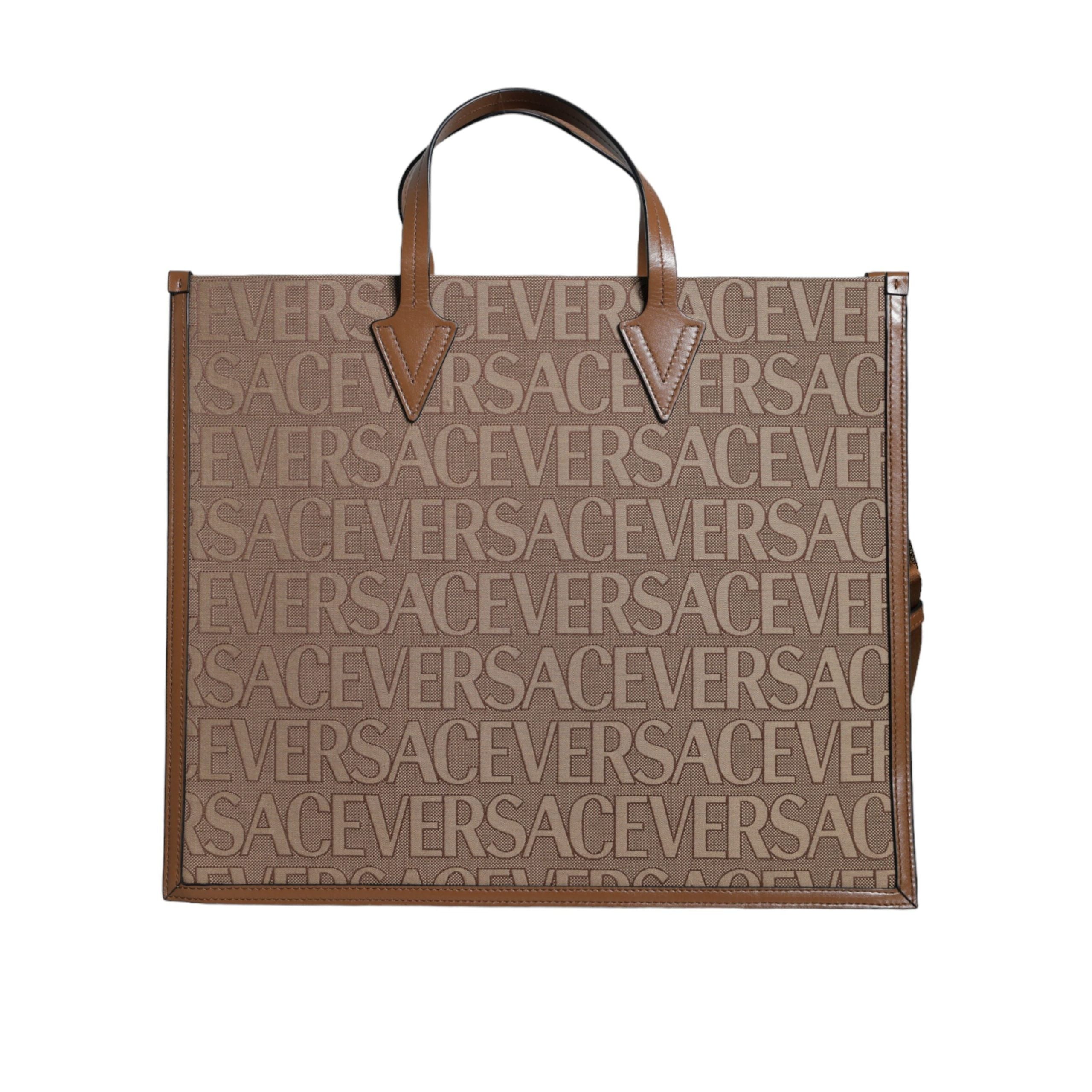 Borsa Tote Versace Marrone a Tracolla con Manico Superiore e Logo Jacquard in Pelle
