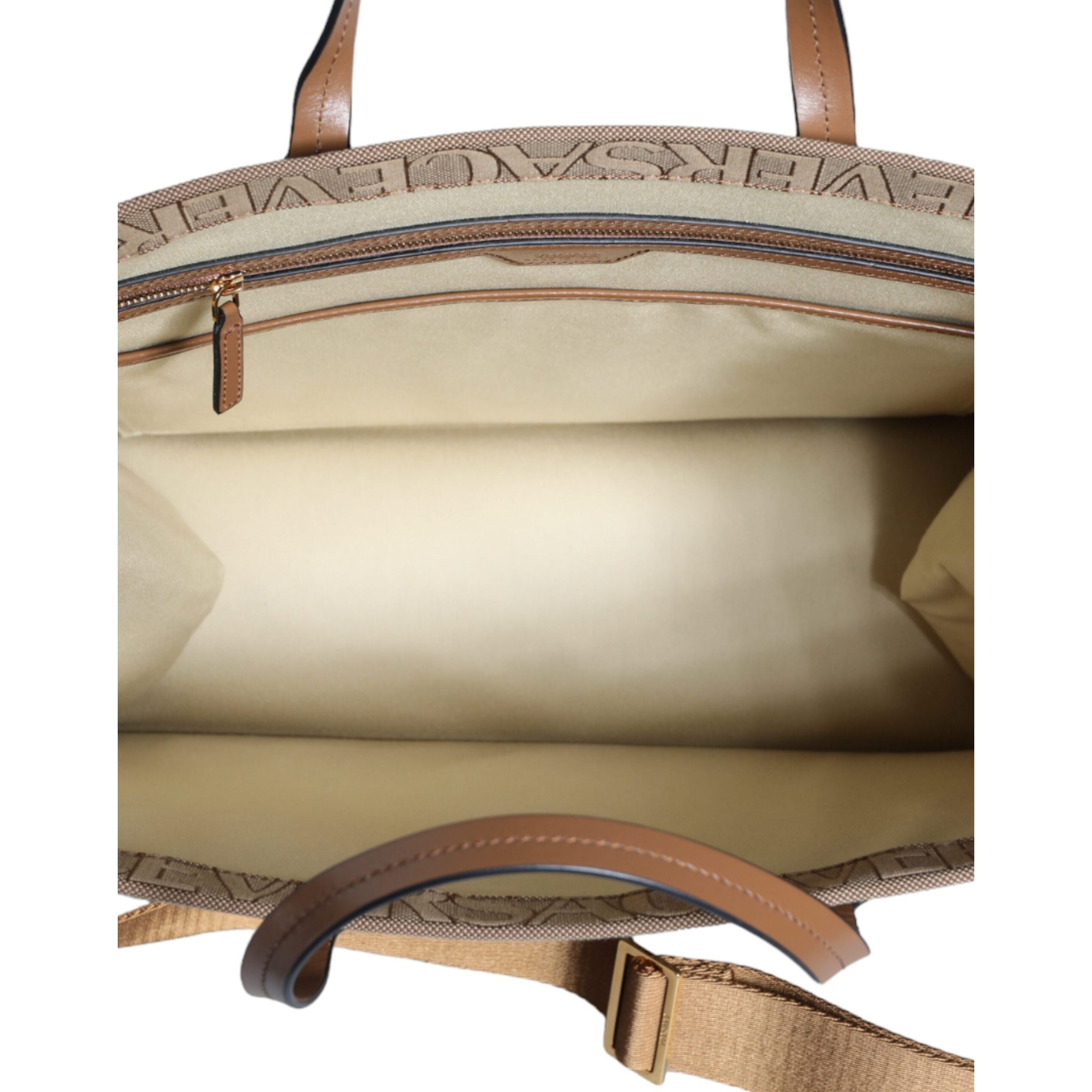 Borsa Tote Versace Marrone a Tracolla con Manico Superiore e Logo Jacquard in Pelle