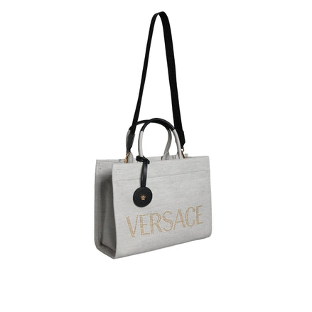Sac cabas/bandoulière Versace blanc en toile et cuir avec logo et poignée supérieure
