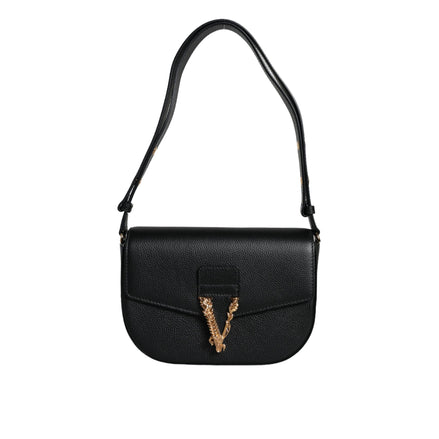 Sac à bandoulière Versace en cuir de veau grainé noir avec logo