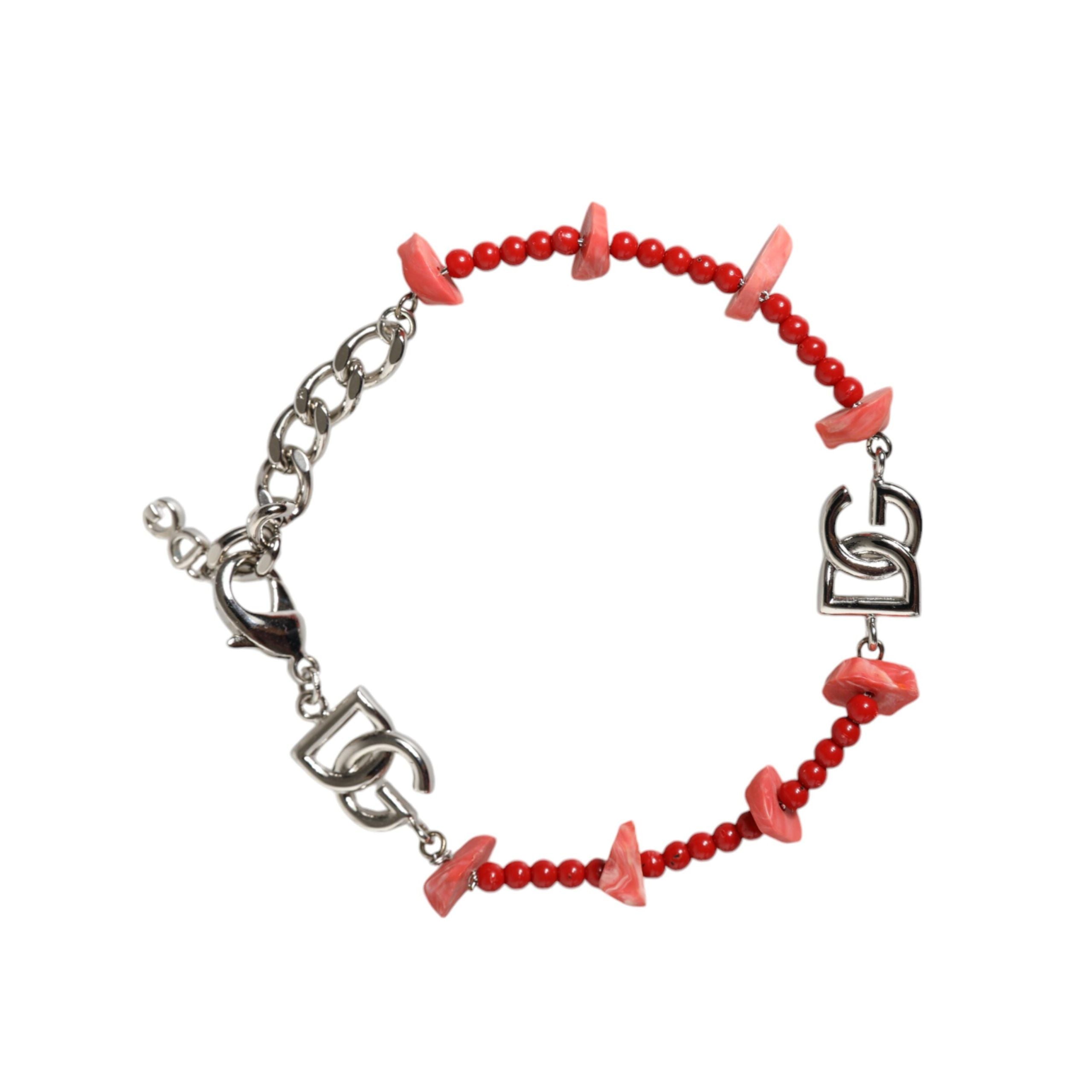 Bracciale a catena Dolce & Gabbana in ottone color argento con perline e logo DG in resina