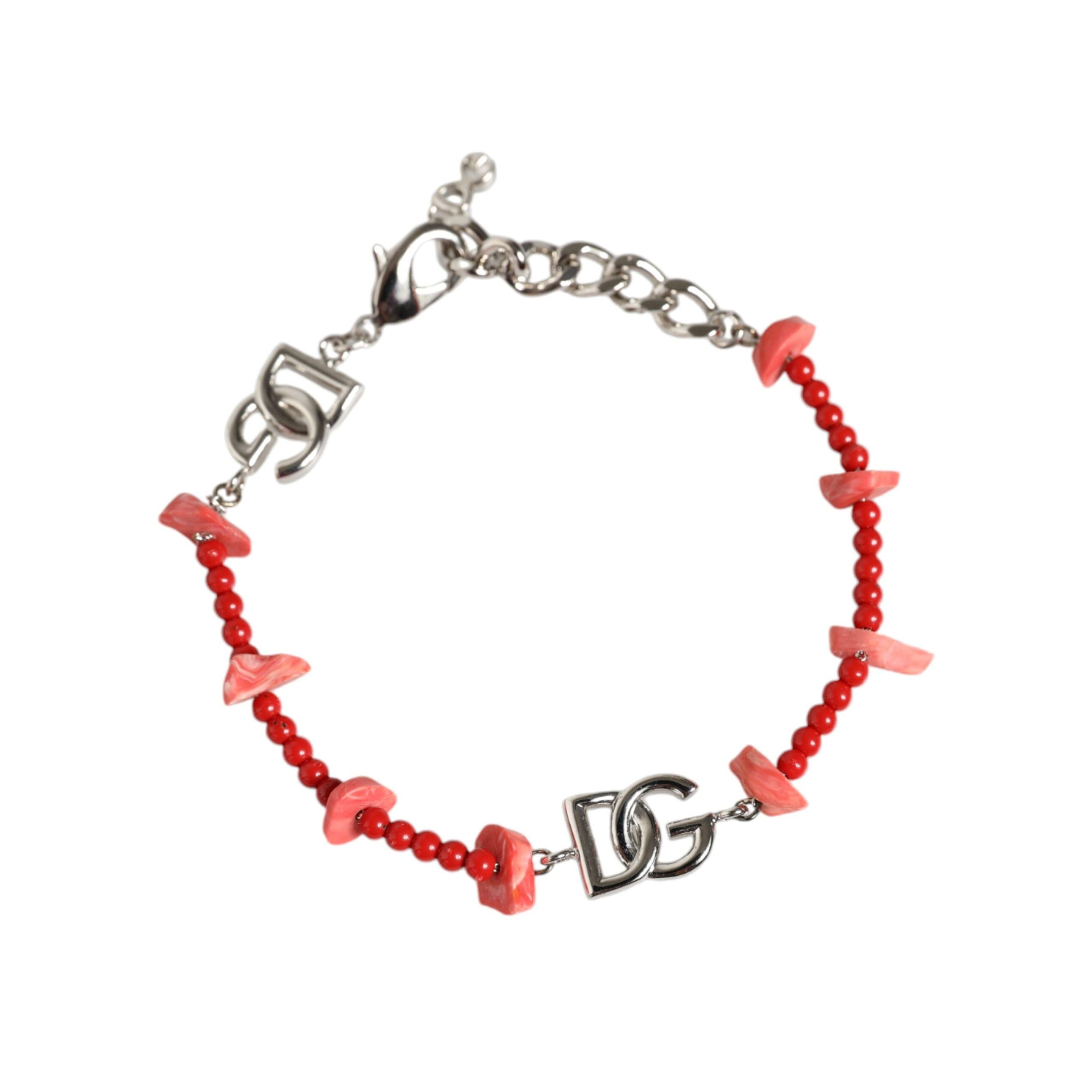 Bracciale a catena Dolce & Gabbana in ottone color argento con perline e logo DG in resina