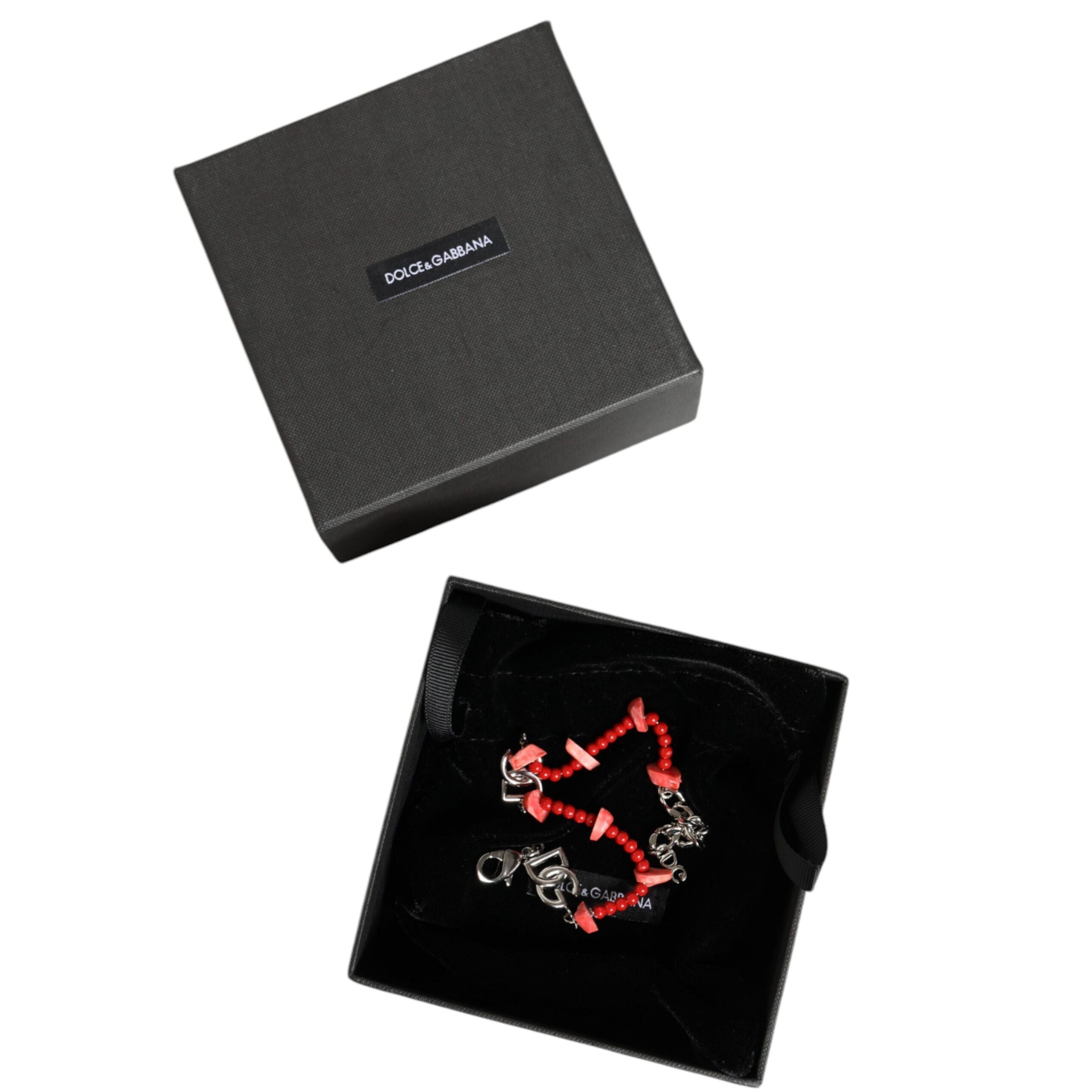 Bracciale a catena Dolce & Gabbana in ottone color argento con perline e logo DG in resina