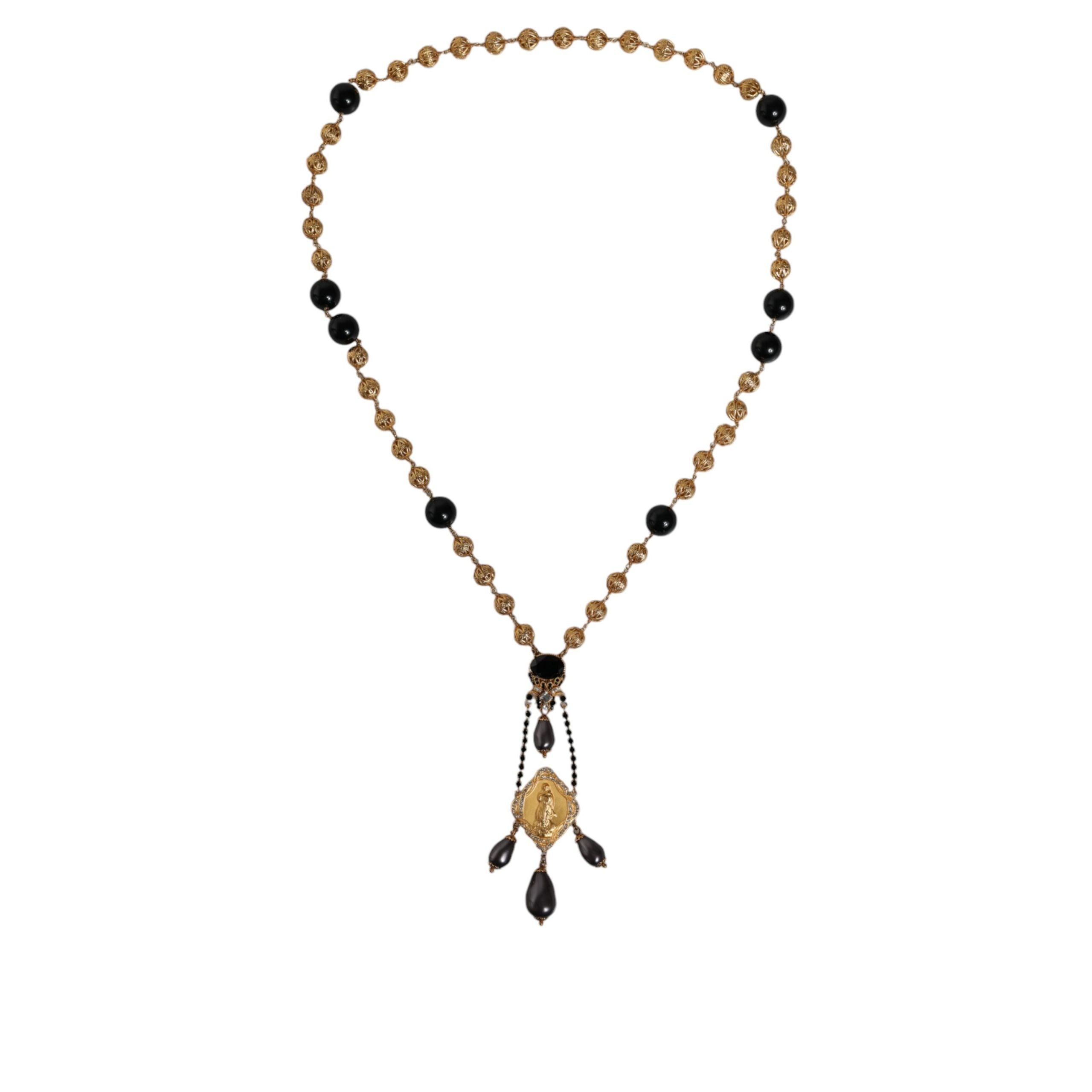 Collana Dolce & Gabbana stile rosario con perline nere e catena in ottone color oro