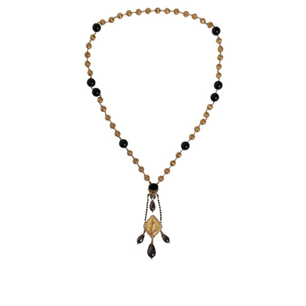 Collana Dolce & Gabbana stile rosario con perline nere e catena in ottone color oro