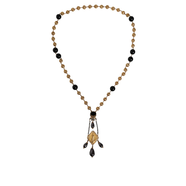 Collana Dolce & Gabbana stile rosario con perline nere e catena in ottone color oro
