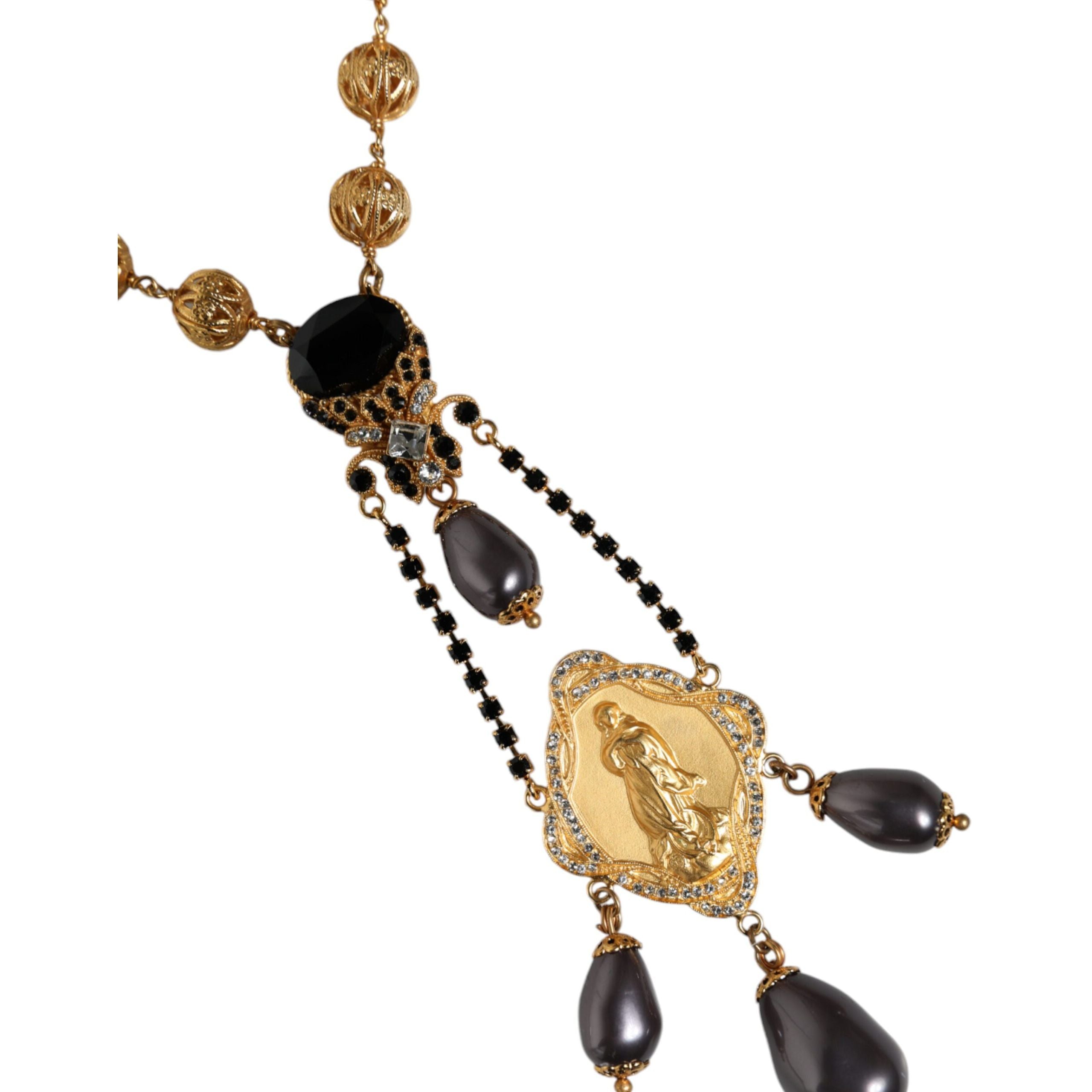 Collana Dolce & Gabbana stile rosario con perline nere e catena in ottone color oro