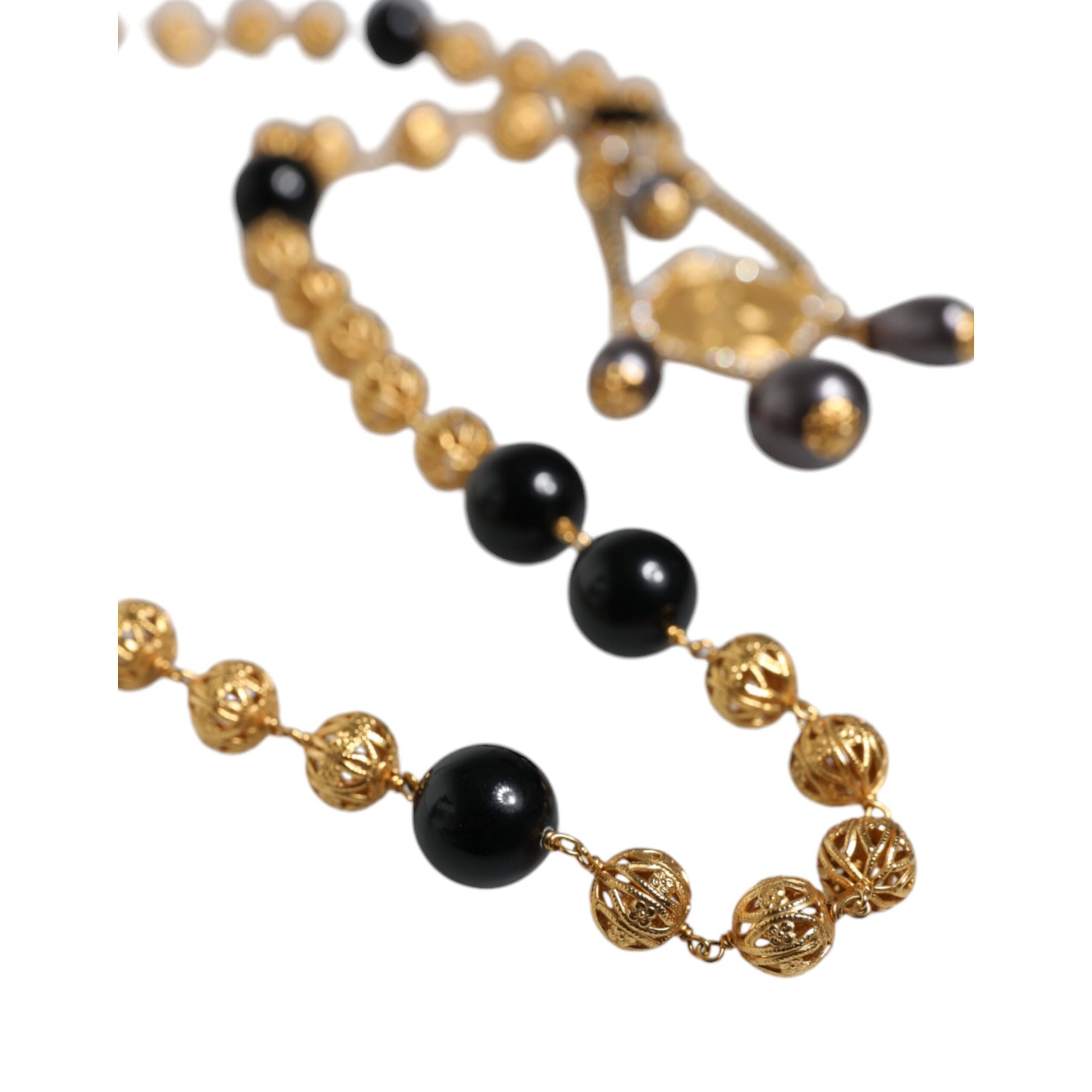 Collana Dolce & Gabbana stile rosario con perline nere e catena in ottone color oro