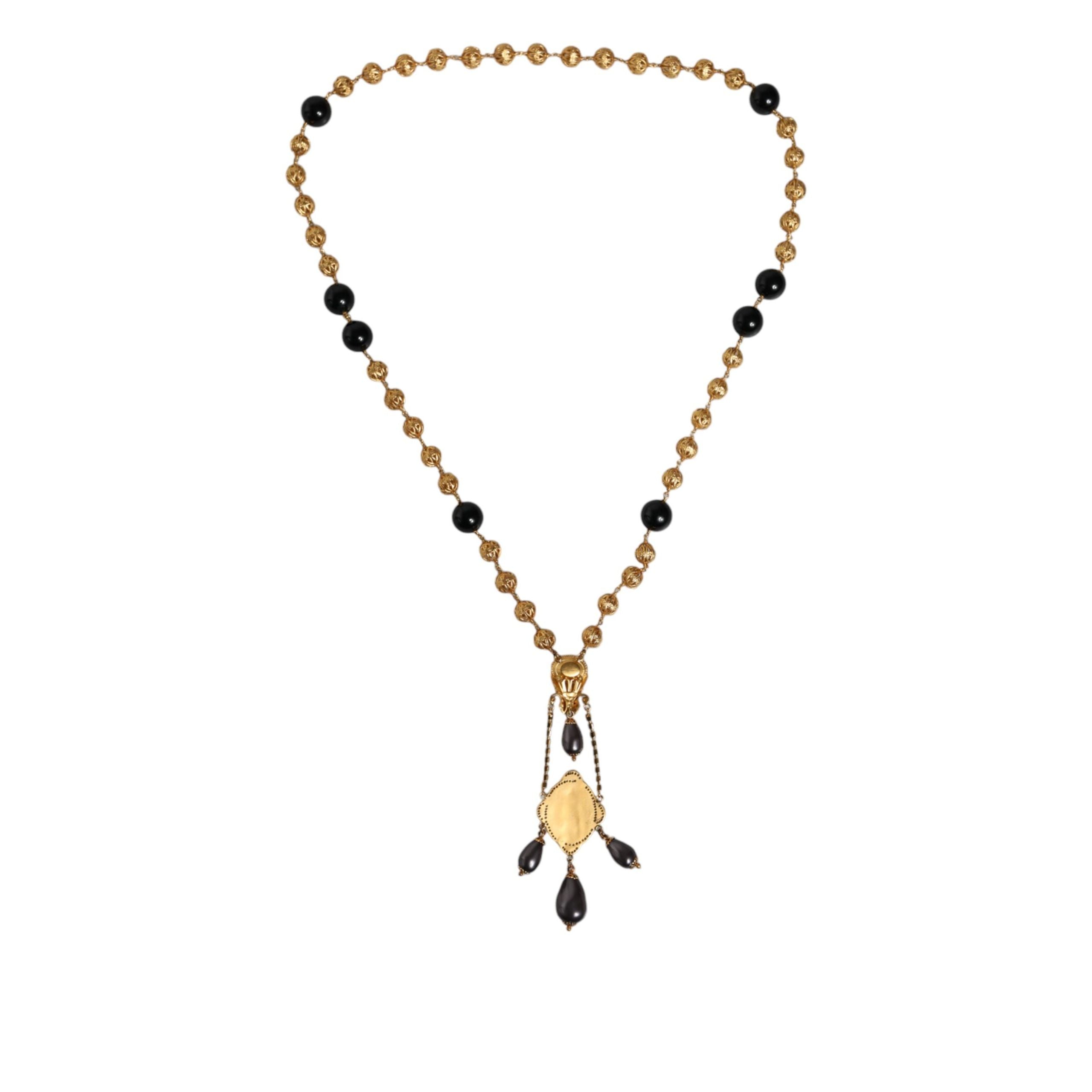 Collana Dolce & Gabbana stile rosario con perline nere e catena in ottone color oro