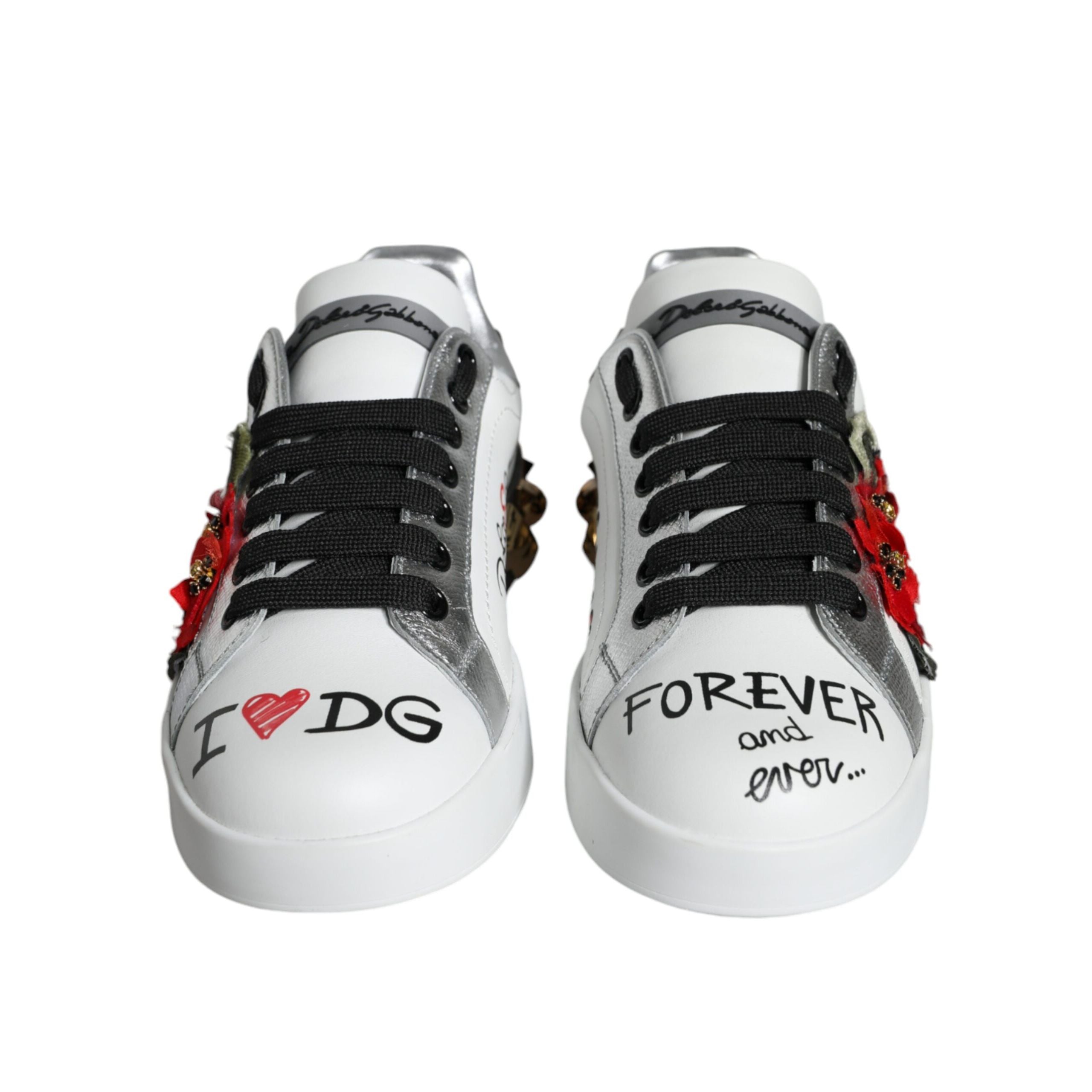 Chaussures Sneakers cloutées en cuir blanc à fleurs Dolce & Gabbana