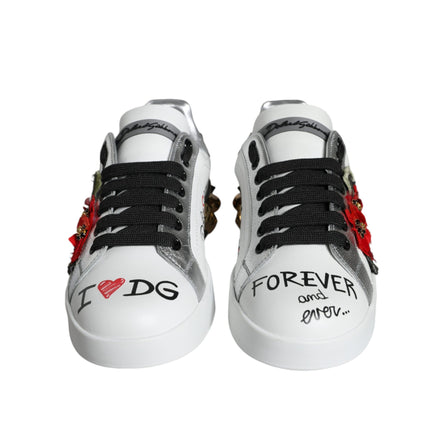 Chaussures Sneakers cloutées en cuir blanc à fleurs Dolce & Gabbana