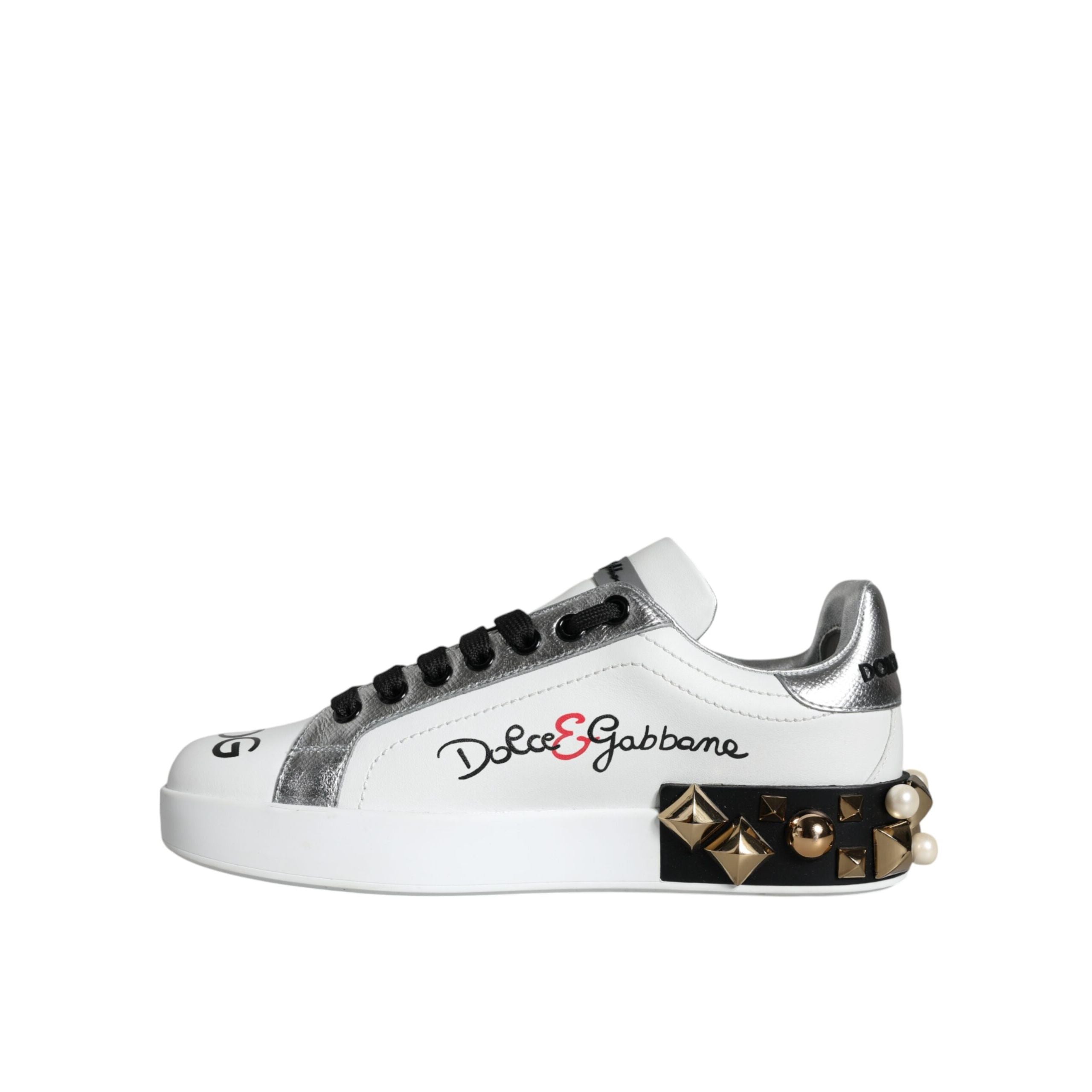 Chaussures Sneakers cloutées en cuir blanc à fleurs Dolce & Gabbana